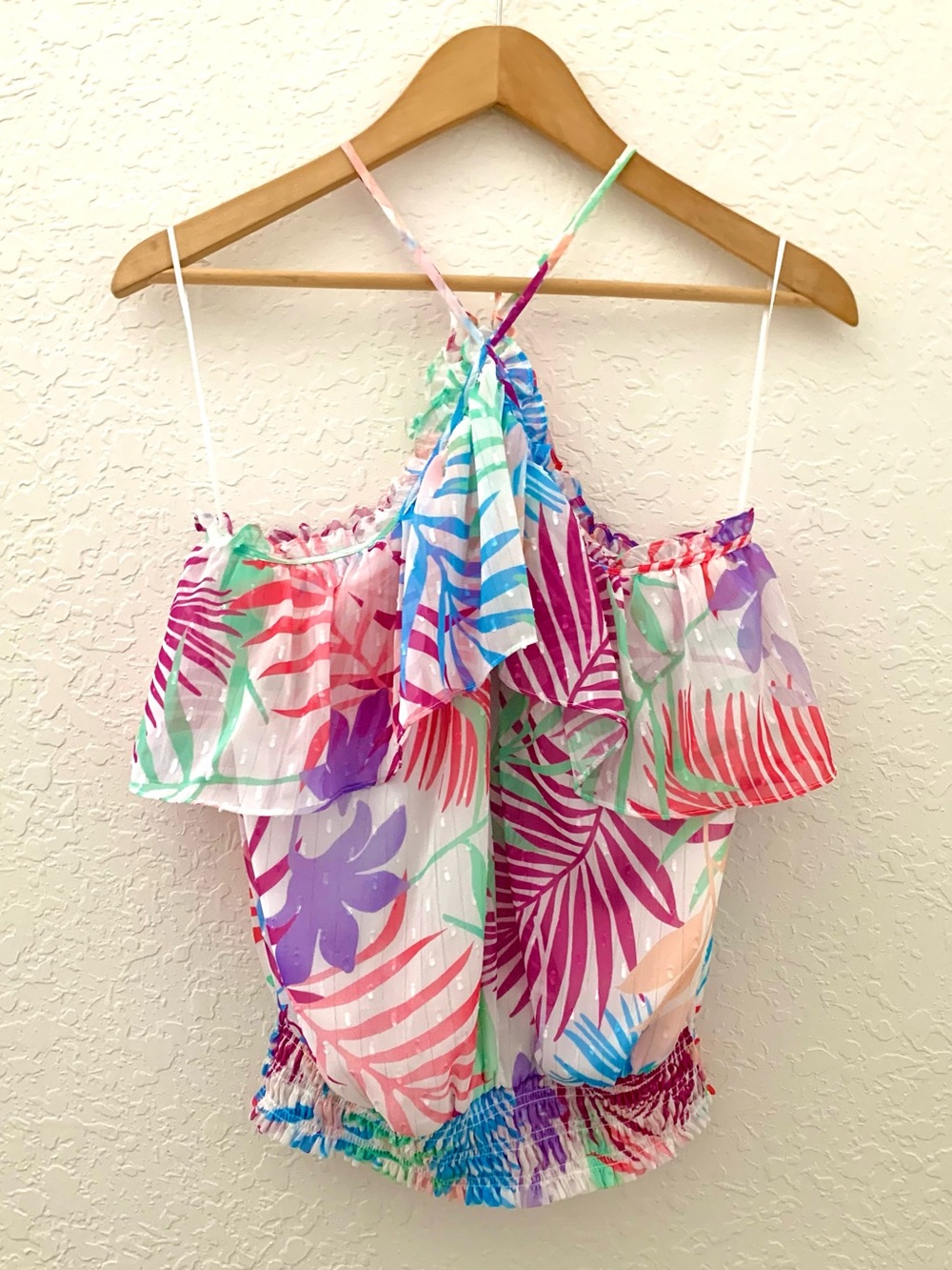 Ramy Brook Tropical Palm Ruffle Off-Shoulder Halter Top - Multicolor
